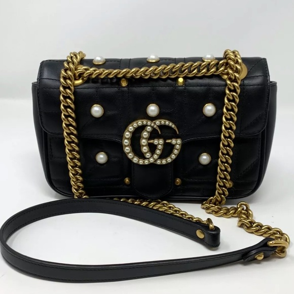 Gucci Handbags - Gucci Marmont Black Leather, Pearl Studded Bag